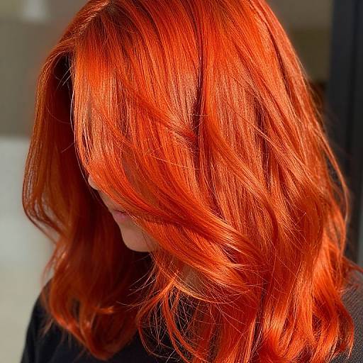 Photograph of a person with vibrant, wavy, shoulder-length red hair, partially covering their face, against a softly blurred background.