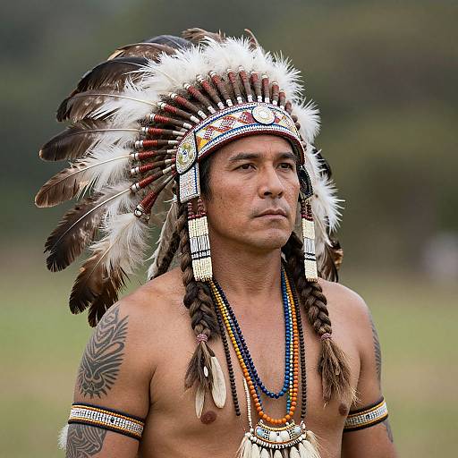 Photograph of a shirtless Native American man with tan skin, braided hair, feathered headpiece, multiple bead necklaces, and arm tattoos
