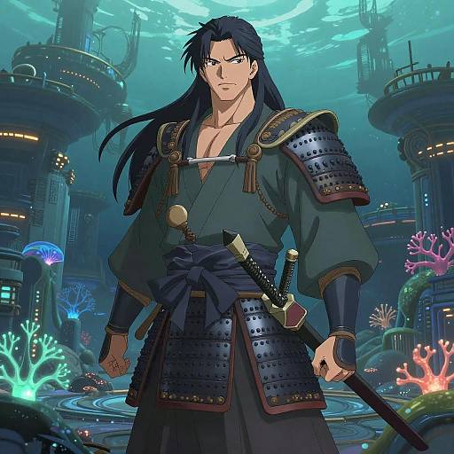 Anime-style drawing of a muscular, long-haired samurai with dark blue armor and a sword, standing confidently in a futuristic underwater city.