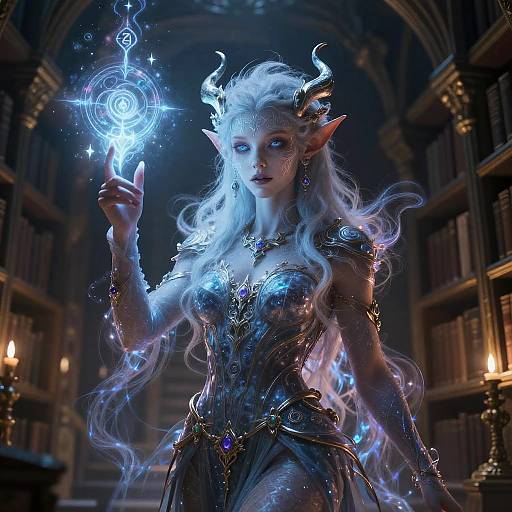 Digital artwork of a white-haired, elf-like sorceress with glowing horns, holding a magical orb in a dimly lit, book-filled library.
