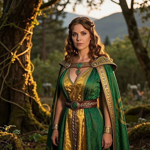 Photograph of a fair-skinned woman with wavy brown hair, wearing a green and gold medieval-style dress with gem accents, standing in a sun