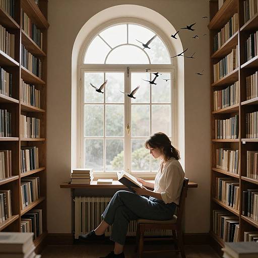 Photograph of a woman with wavy brown hair, white blouse, and blue jeans, reading by a sunlit arched window in a wooden book