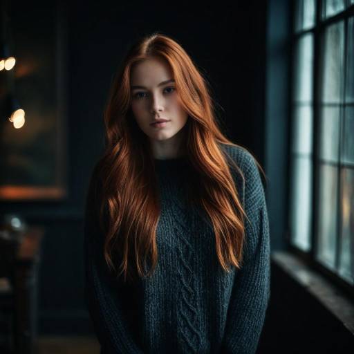 Red-haired woman in cozy sweater by window
