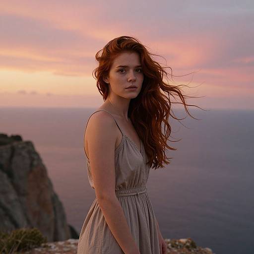 Photograph of a red-haired woman with wavy hair, wearing a beige, sleeveless dress, standing against a sunset over the ocean.