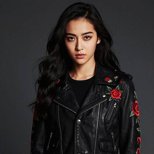 Photograph of a young woman with long black hair, wearing a black leather jacket with red rose embroidery, against a dark gray background.