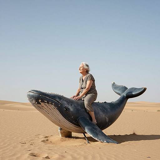 Photograph of an elderly woman with short white hair, wearing a patterned shirt and pants, standing on a large, detailed blue whale sculpture in a