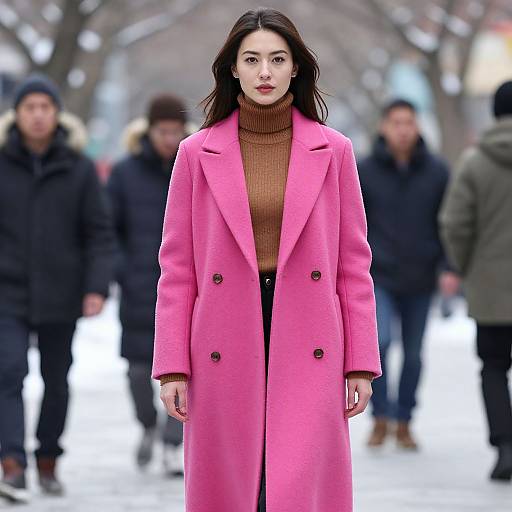 Photograph of a confident woman with long dark hair, wearing a bright pink coat over a brown turtleneck, walking on a snowy path with blurred