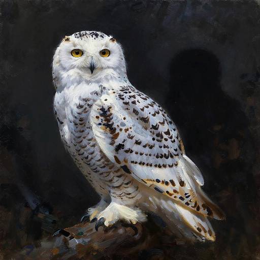 Digital painting of a white owl with black speckles, yellow eyes, perched on a branch against a dark, textured background.