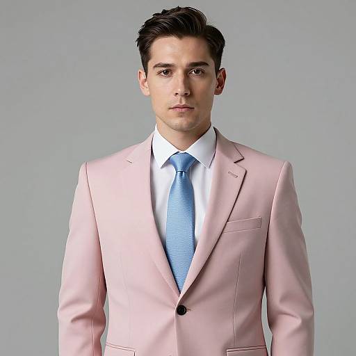 Photograph of a young, light-skinned man with dark hair, wearing a light pink suit, white shirt, and blue tie, against a gray