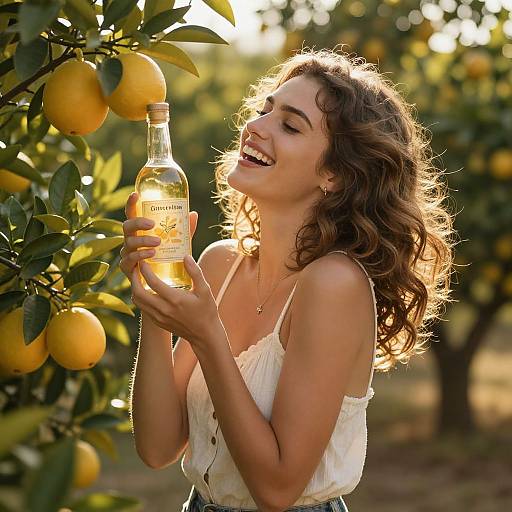 Photograph of a smiling, curly-haired woman in a white sleeveless top, holding a lemonade bottle under sunlight, surrounded by ripe lemons.