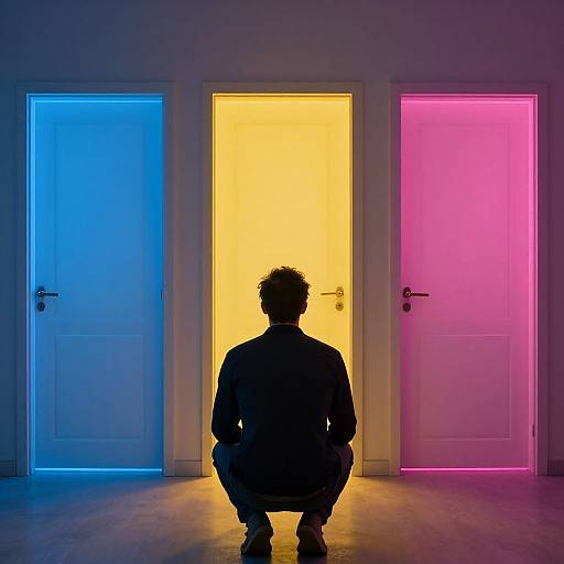 Photograph of a silhouette of a person with curly hair, kneeling between three brightly illuminated doors: blue, yellow, pink.