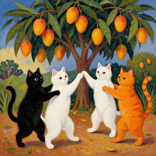 Four cats dancing under an orange tree: two white, one black, one orange, holding paws. Vibrant, colorful, whimsical painting.