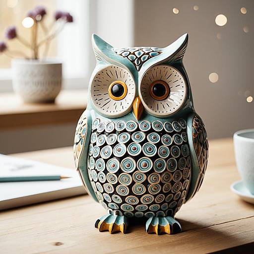 Ceramic Owl Figurine on Wooden Table