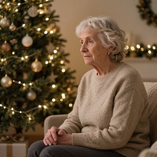 Photograph of an elderly woman with short, curly white hair, wearing a beige sweater, sitting beside a decorated Christmas tree with warm lights in a cozy