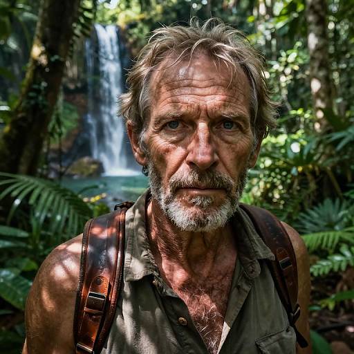 Photograph of a rugged, gray-bearded man with sun-weathered skin, wearing a brown, sleeveless shirt and backpack, standing in a