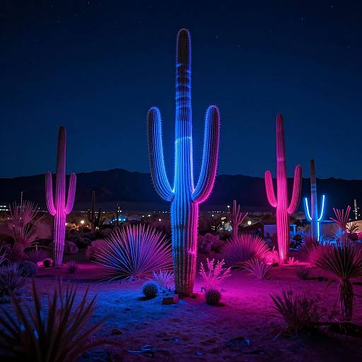 Photograph of neon-lit cacti in a desert at night, with vivid blue, pink, and purple lights illuminating the landscape.
