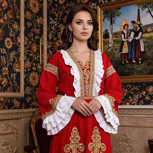 Photograph of a beautiful woman with fair skin, brown hair, in a red and gold embroidered dress with white ruffles, standing in an ornately