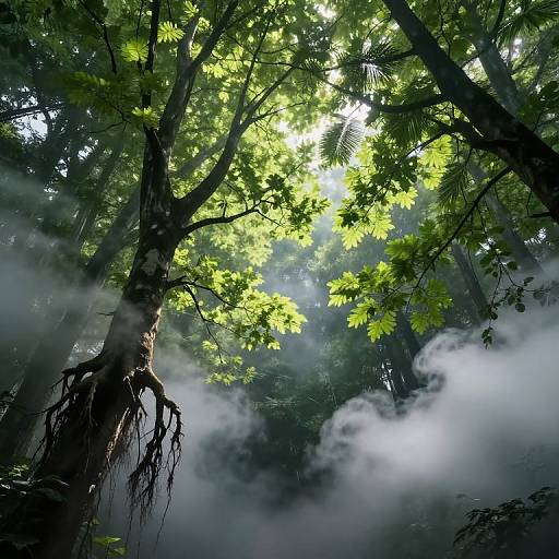 Photograph of a misty forest with sunbeams filtering through vibrant green leaves, highlighting tall trees with exposed, gnarled roots.