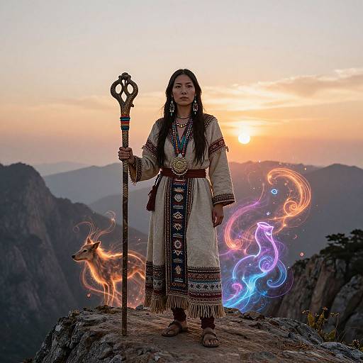 Native American woman in traditional white dress with intricate patterns, holding staff, surrounded by glowing fire and magic lights, standing on mountain peak at sunset.