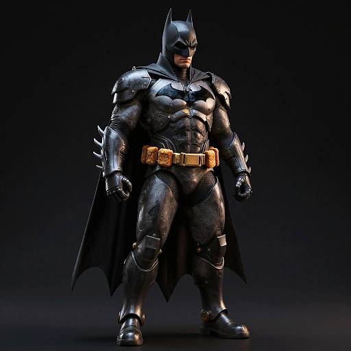 CGI image of a muscular, armored Batman with a black cowl, shiny black suit, yellow belt, standing against a dark background.