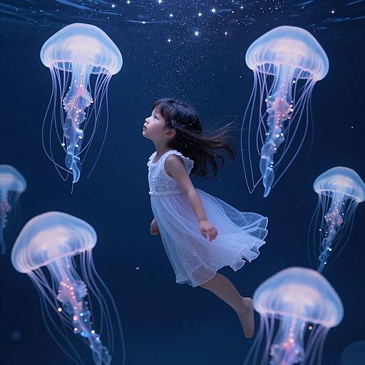 Photograph of a young Asian girl in a white dress, floating underwater among glowing, translucent jellyfish with delicate, flowing tentacles.