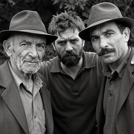 Three Men in Intense Black-and-White Portrait