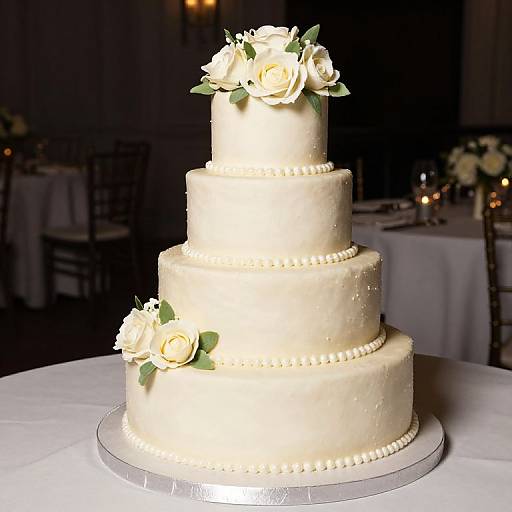 Photograph of a three-tiered white wedding cake adorned with white roses and pearl accents, set on a white tablecloth in a dimly lit banquet