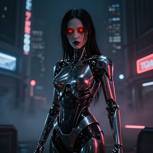 CGI image of a cybernetic woman with glowing red eyes, black metallic body, and long black hair in a neon-lit urban night scene