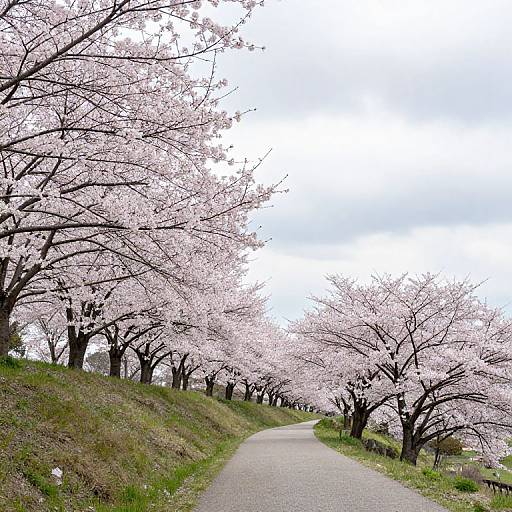 Photograph of a winding path lined with blooming pink cherry blossom trees on a grassy hill under a cloudy sky.