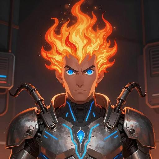 Futuristic Armored Warrior Amidst Flames