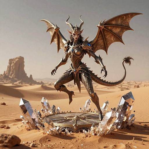 Elemental Djinn Warrior in Desert with Crystals