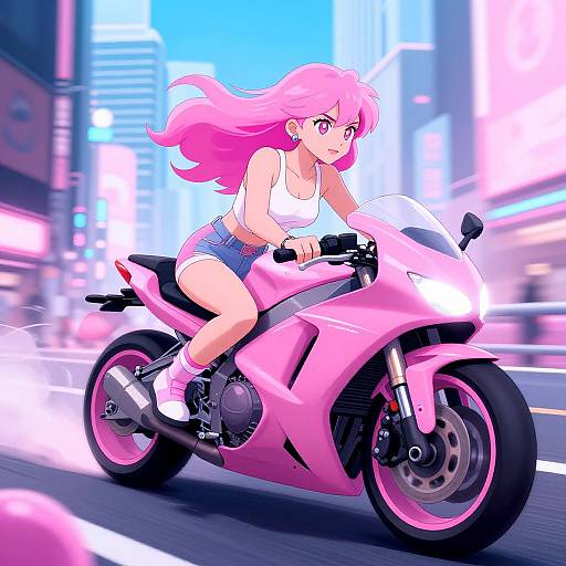 Anime Pink-Haired Woman Riding Pink Motorbike in Cyberpunk City