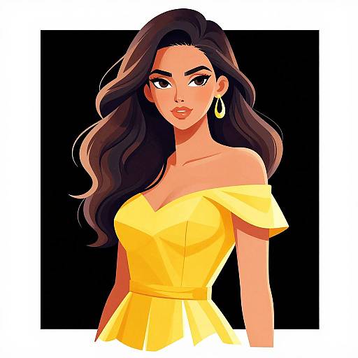 Digital illustration of a beautiful woman with long, wavy dark hair, wearing an off-shoulder, bright yellow dress and gold hoop earrings, set