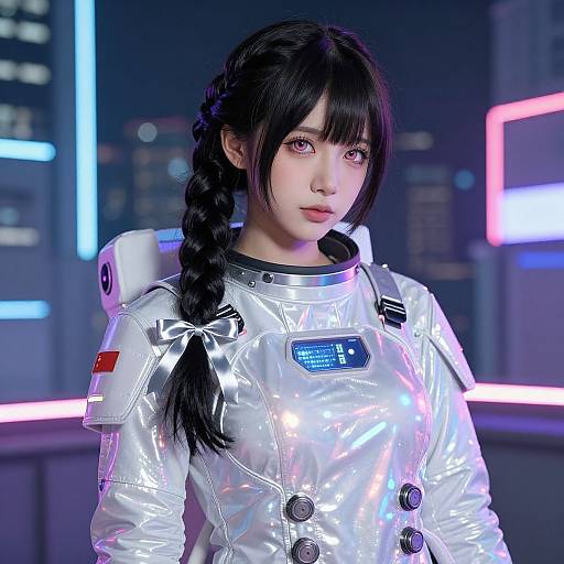 Digital CGI of an East Asian woman with black braided hair, wearing a shiny silver astronaut suit, standing in a neon-lit futuristic cityscape.