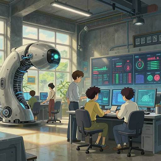 Anime-style digital illustration of a futuristic control room with four boys, one large robotic arm, and multiple colorful screens. Sunlight streams through large windows,