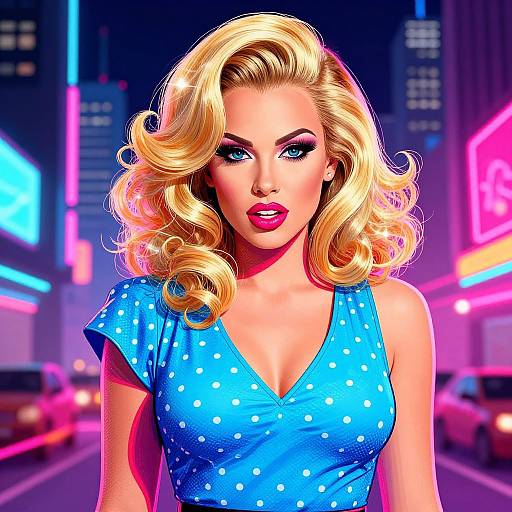 Digital pop art of a blonde woman with curled hair, blue polka dot dress, neon city background, and bold makeup.
