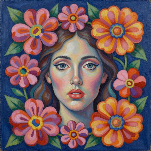 Vibrant digital painting of a fair-skinned woman with blue eyes, surrounded by large, colorful pink and orange flowers against a dark blue background.