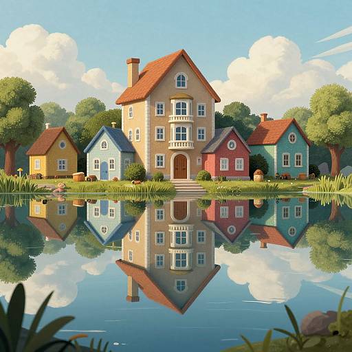 Whimsical digital painting of colorful houses with red roofs, reflected in a calm, mirror-like pond under a bright blue sky.