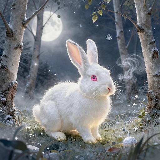 Photorealistic digital artwork of a glowing white rabbit with pink eyes, standing in a snow-covered forest, surrounded by birch trees and twinkling snow