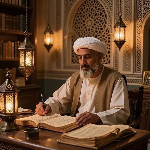 Photograph of an elderly Middle Eastern man with white beard, white turban, and beige vest, writing in an ornately decorated study with warm lantern