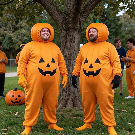 Photograph of two smiling, bearded men in bright orange pumpkin costumes with black jack-o'-lantern faces, standing beside a tree in a grass