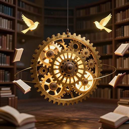 Photograph of a glowing, gear-like chandelier with floating books and golden birds in a dimly lit library with wooden shelves.