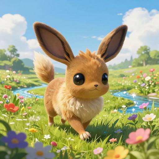 Digital art of a cute, fluffy Eevee with large ears standing in a vibrant meadow of colorful flowers and a clear blue sky.