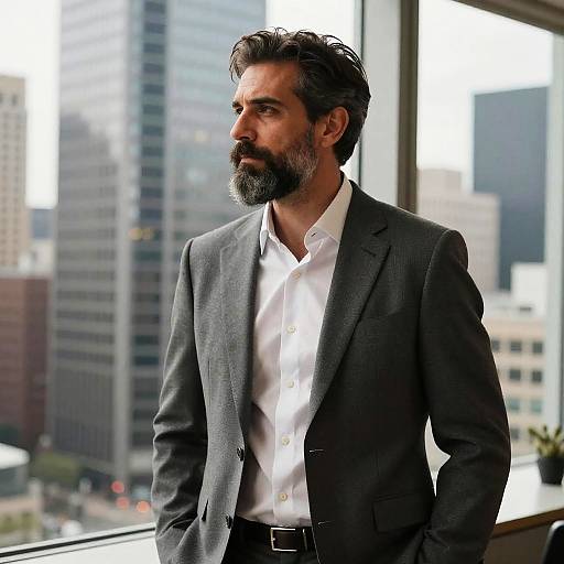 Photograph of a bearded, middle-aged man with dark hair, wearing a gray suit and white shirt, standing by a window in a modern city