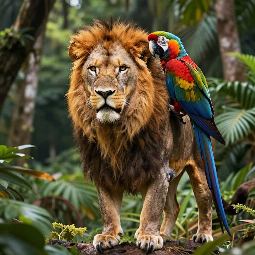 Photorealistic image of a majestic lion with a vibrant, multicolored parrot perched on its back in a dense jungle.