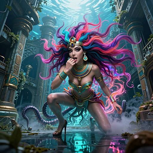 Digital fantasy art: A fierce, topless woman with vibrant pink, blue, and purple hair, adorned with jewelry, crouches in a mystical