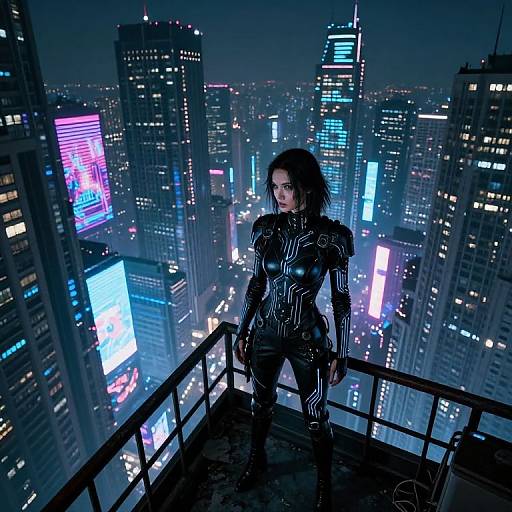 Photograph of a dark-haired woman in a black, neon-patterned bodysuit standing on a high-rise balcony, overlooking a neon-lit,
