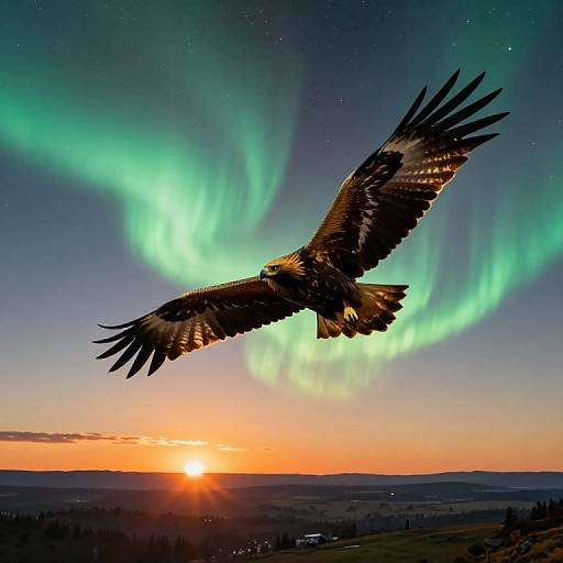 Photograph of a majestic eagle in mid-flight against a vibrant Northern Lights backdrop, with a colorful sunset and starry sky.