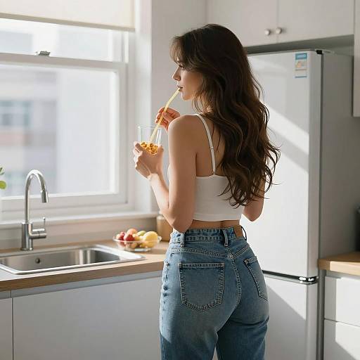 Woman Drinking Juice in Modern Kitchen