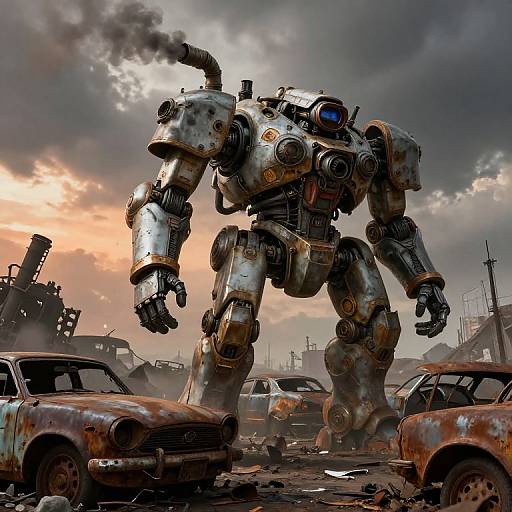 Cyberpunk-style, CGI-rendered, rusty mecha robot towering over a post-apocalyptic junkyard with rusted cars, dark clouds, and